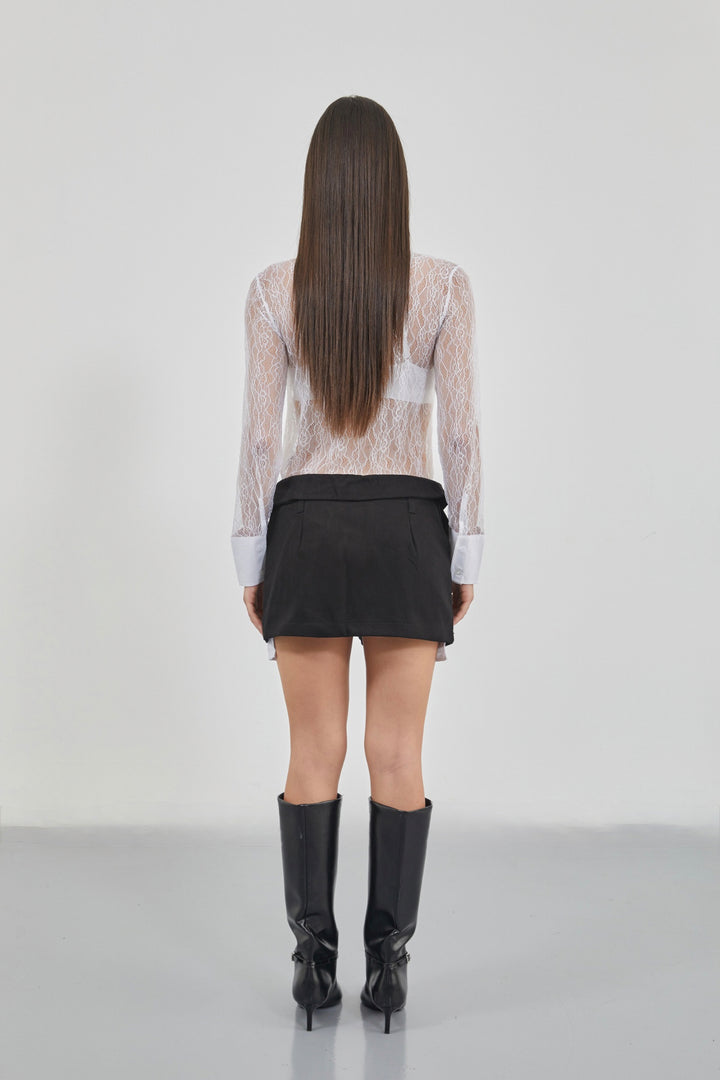 Pleated Black Mini Skirt with Waist Fold 