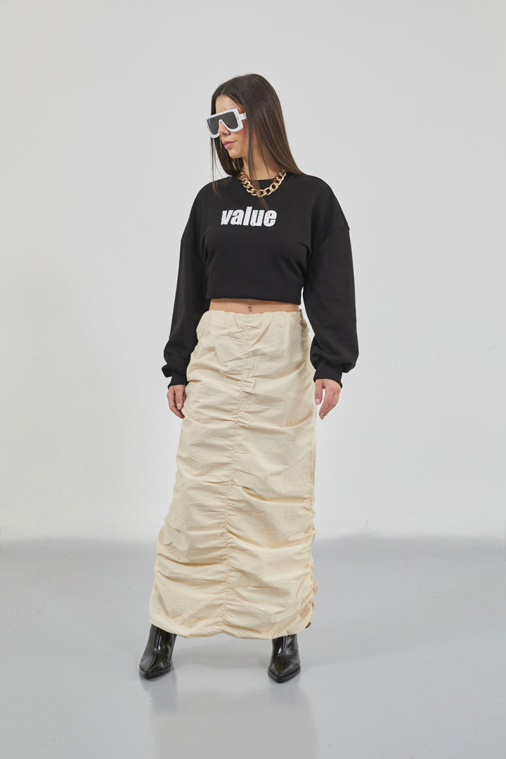 Gathered Detail Beige Maxi Skirt 