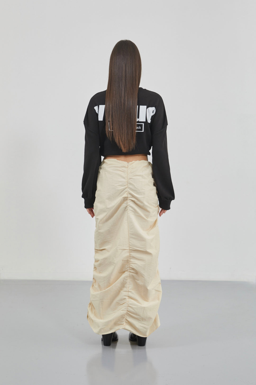 Gathered Detail Beige Maxi Skirt 