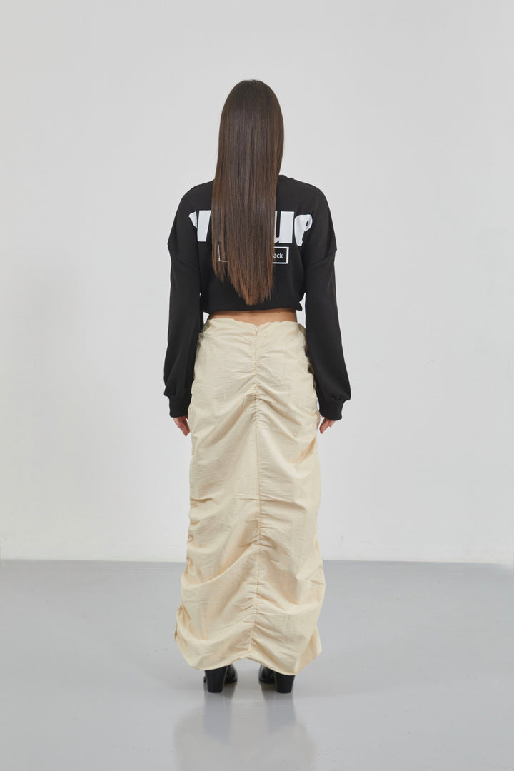 Gathered Detail Beige Maxi Skirt 