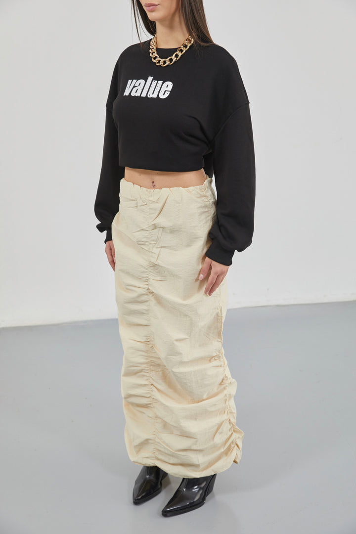 Gathered Detail Beige Maxi Skirt 