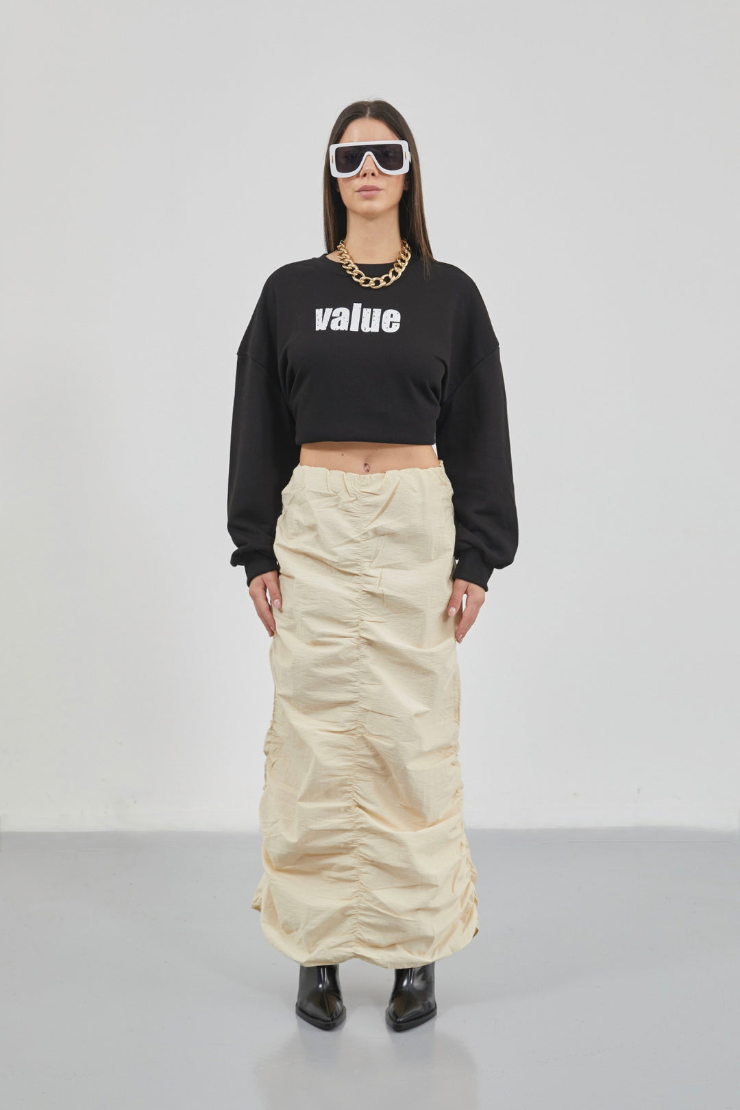 Gathered Detail Beige Maxi Skirt 