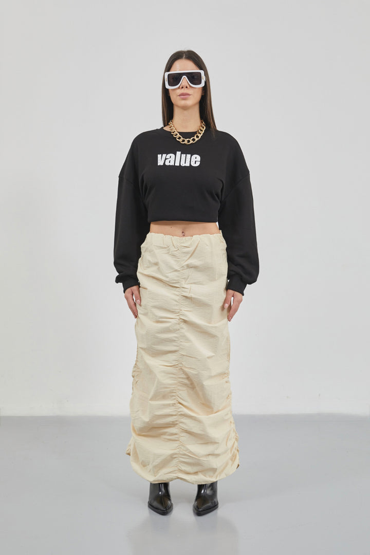 Gathered Detail Beige Maxi Skirt 