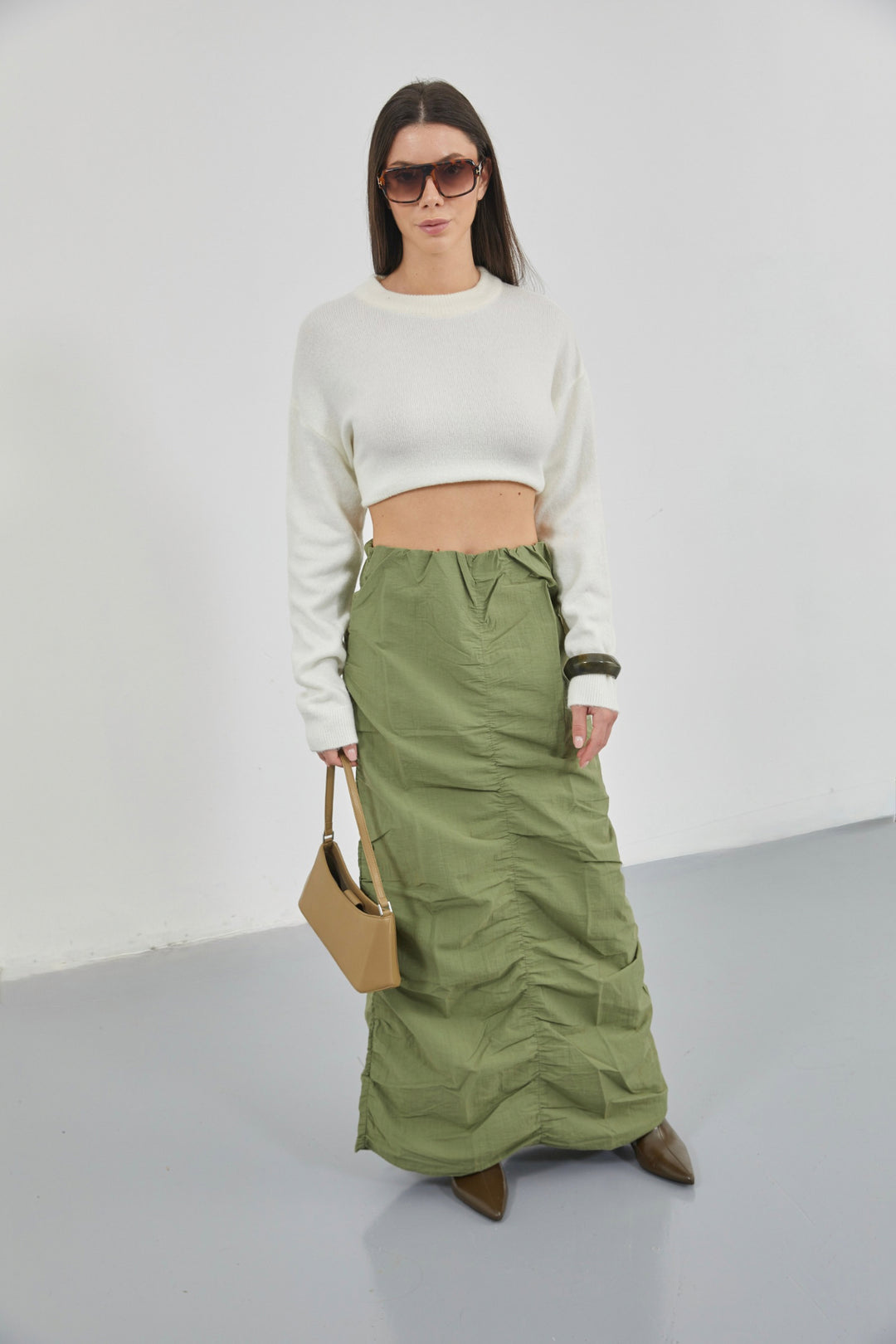 Büzgü Detay Haki Maxi Etek