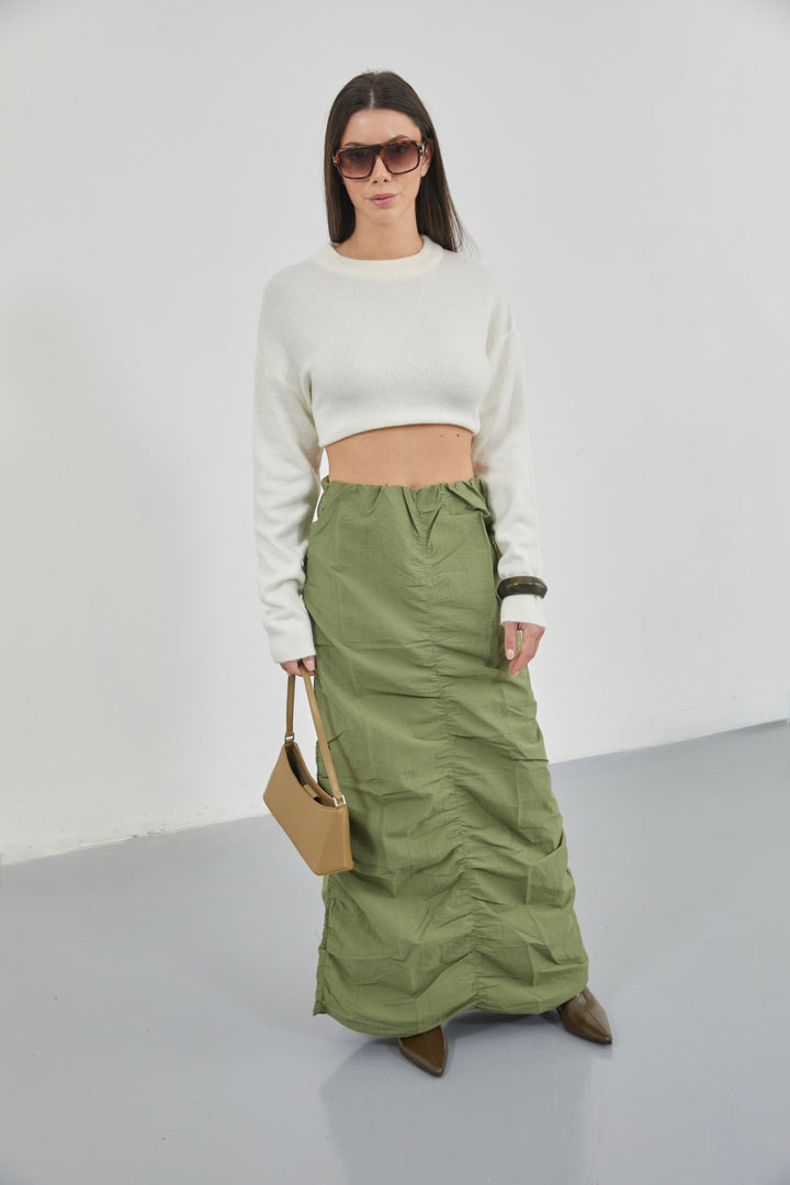 Büzgü Detay Haki Maxi Etek