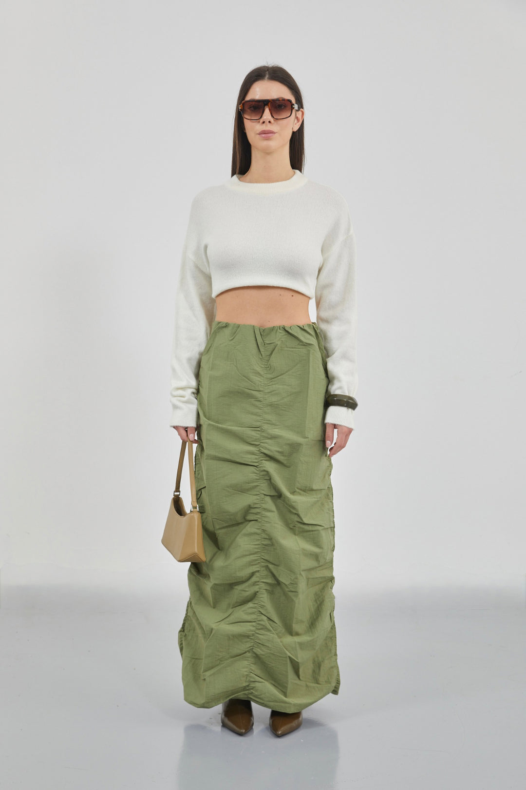 Büzgü Detay Haki Maxi Etek
