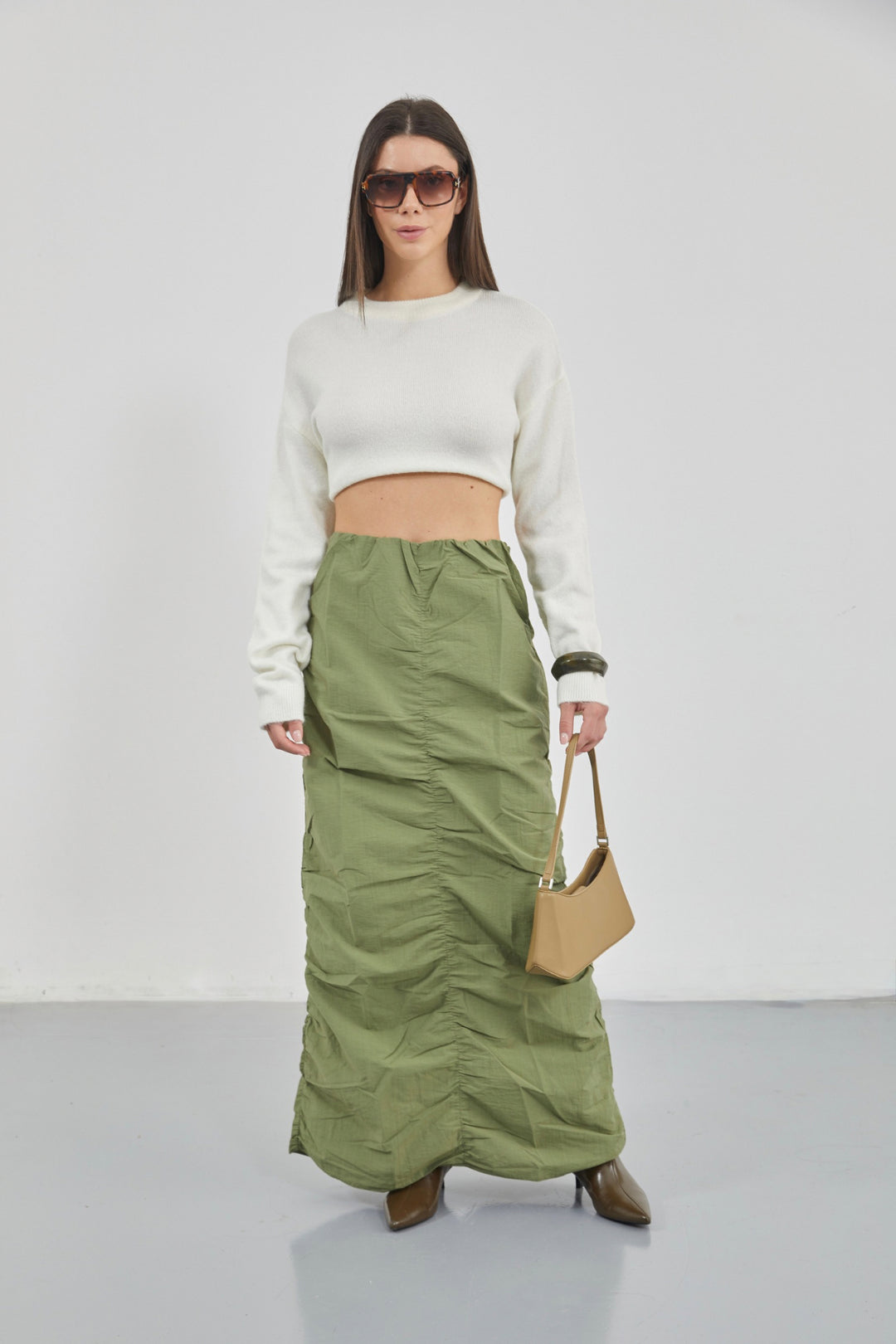 Büzgü Detay Haki Maxi Etek