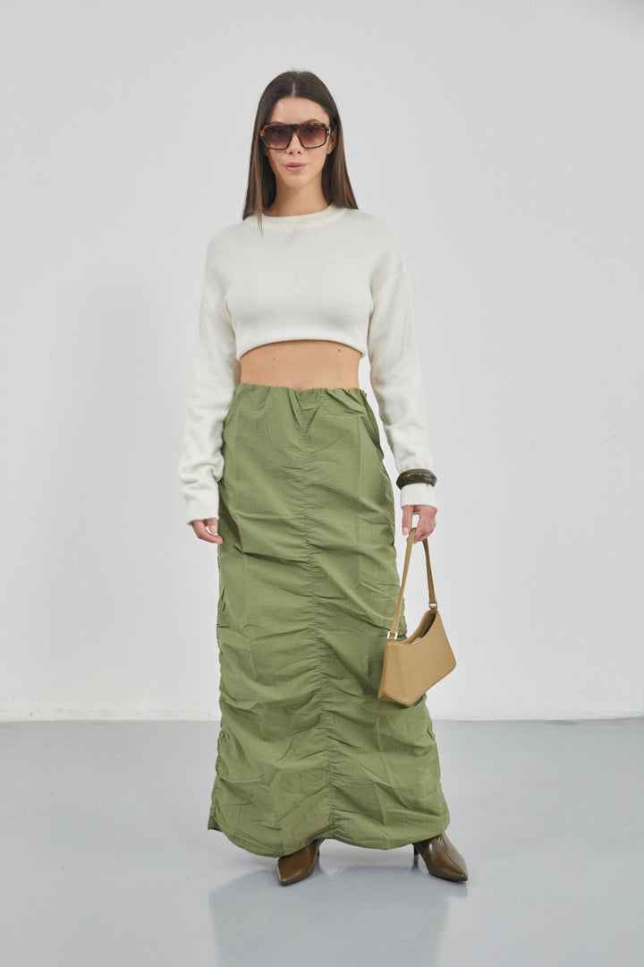 Büzgü Detay Haki Maxi Etek