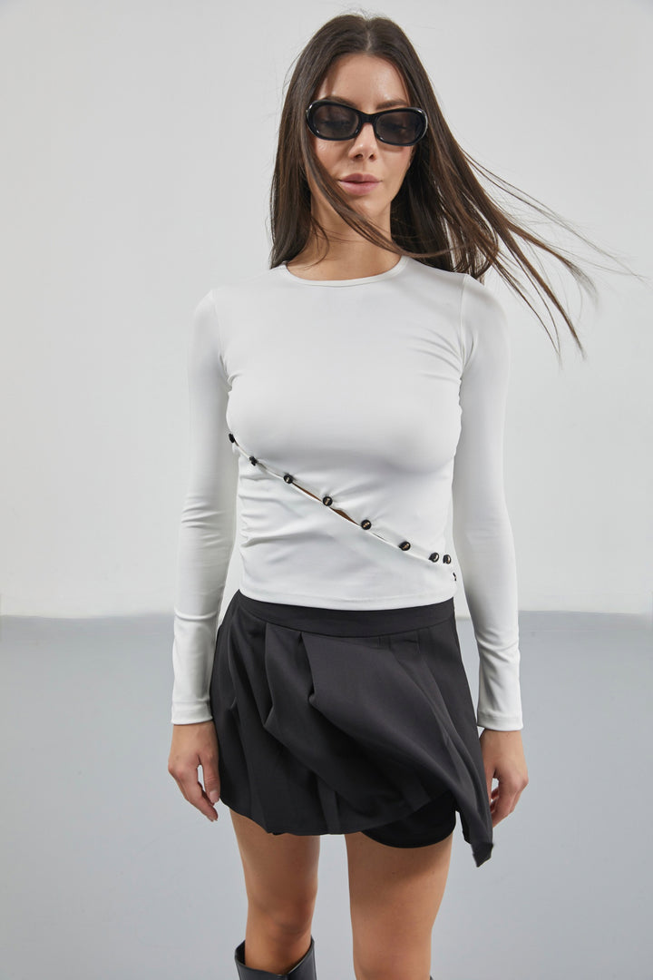 Asymmetric Button Detail Long Sleeve White Blouse 