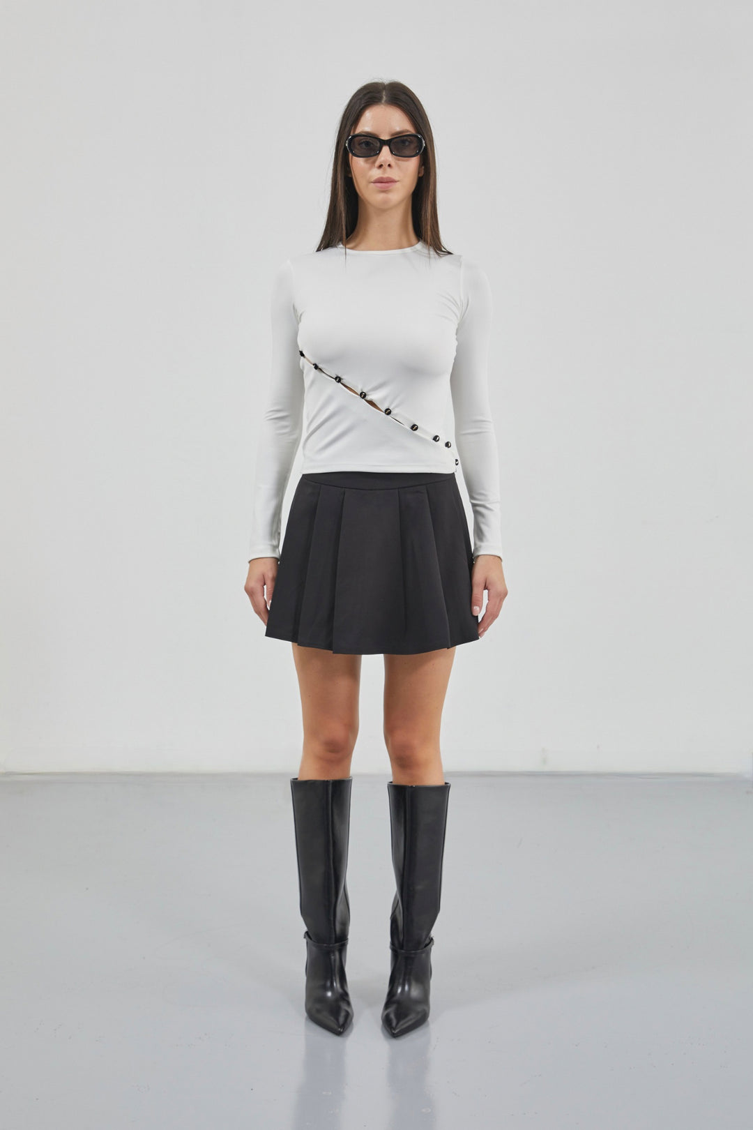 Asymmetric Button Detail Long Sleeve White Blouse 