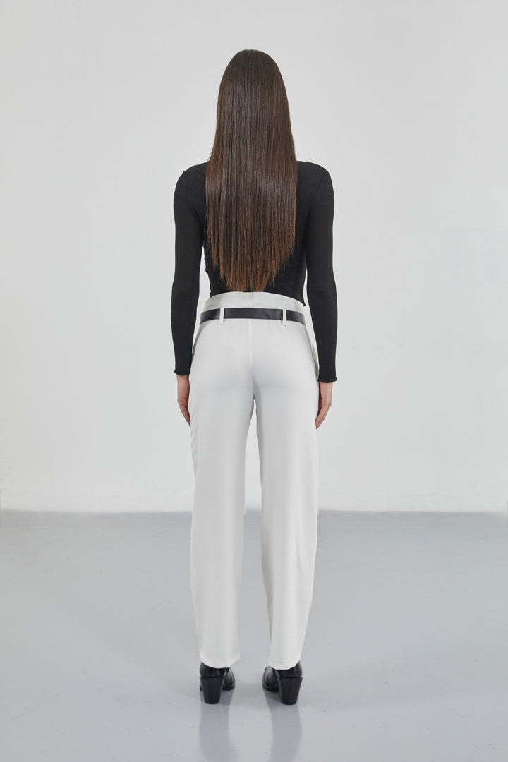 Belt Detail White High Waist Trousers 