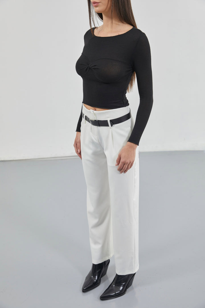Belt Detail White High Waist Trousers 