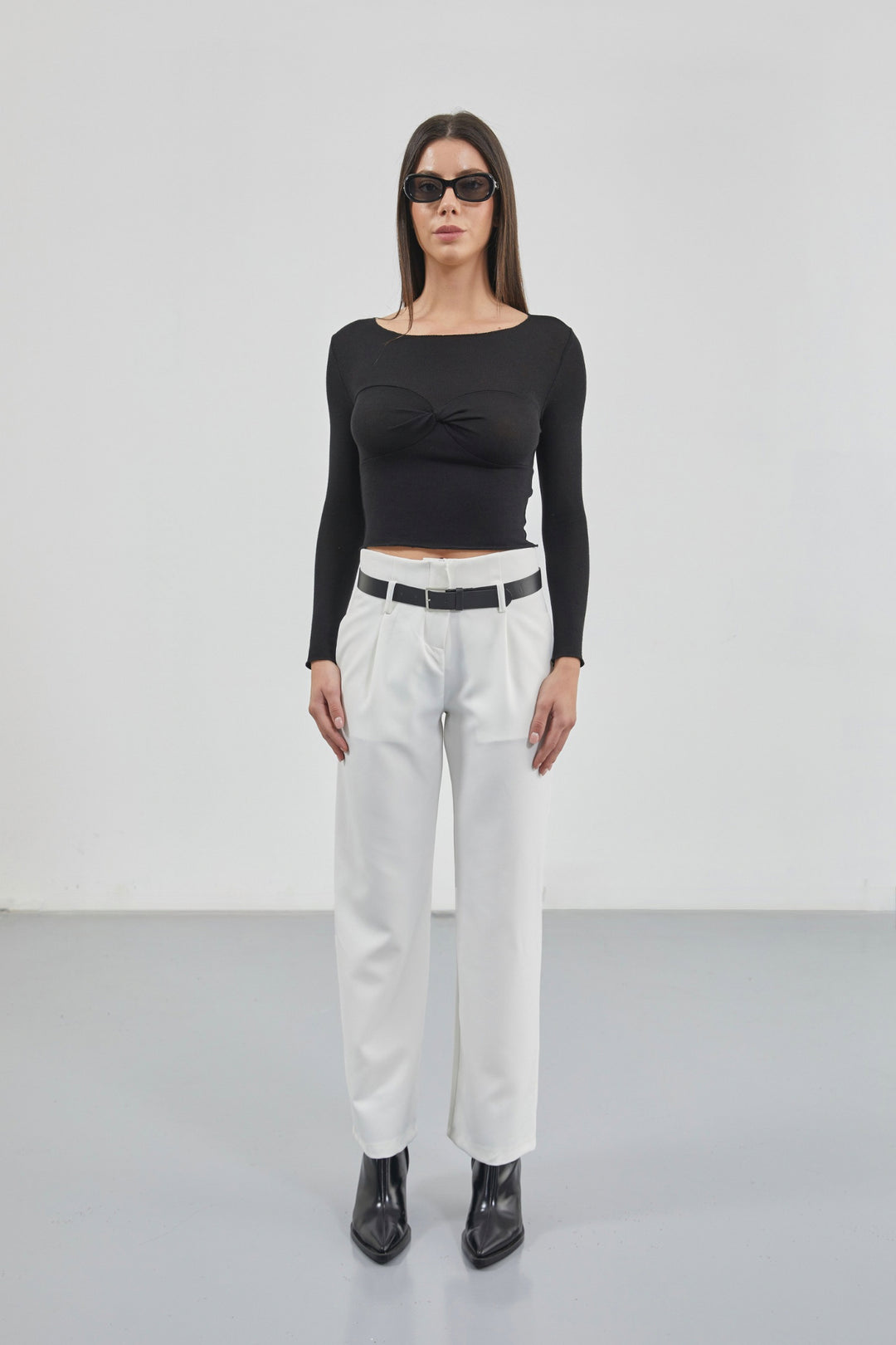 Belt Detail White High Waist Trousers 