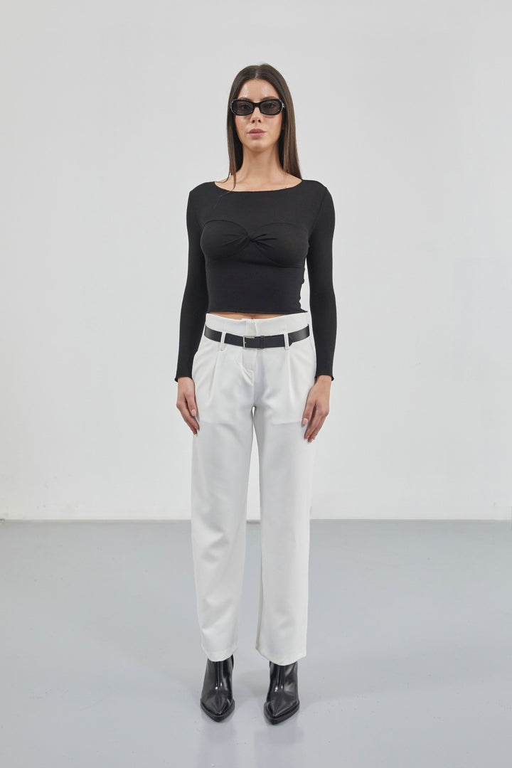 Belt Detail White High Waist Trousers 