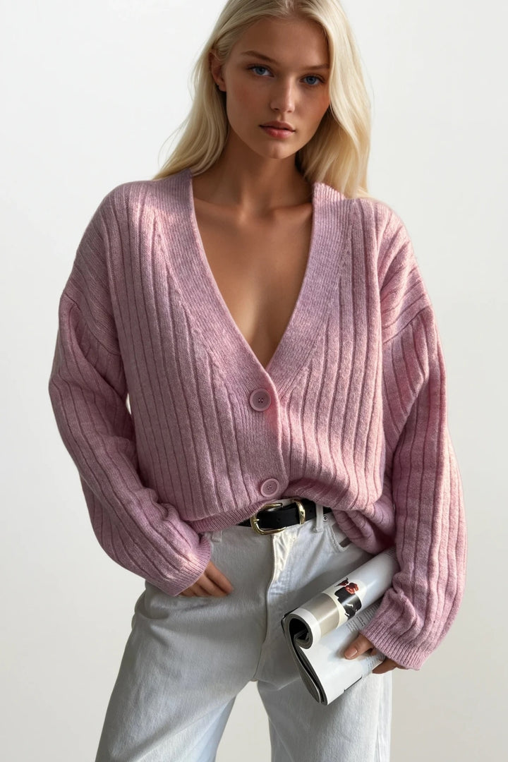 Düğmeli V Yaka Pembe Triko Hırka