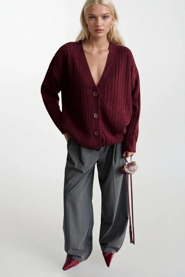 Düğmeli V Yaka Bordo Triko Hırka