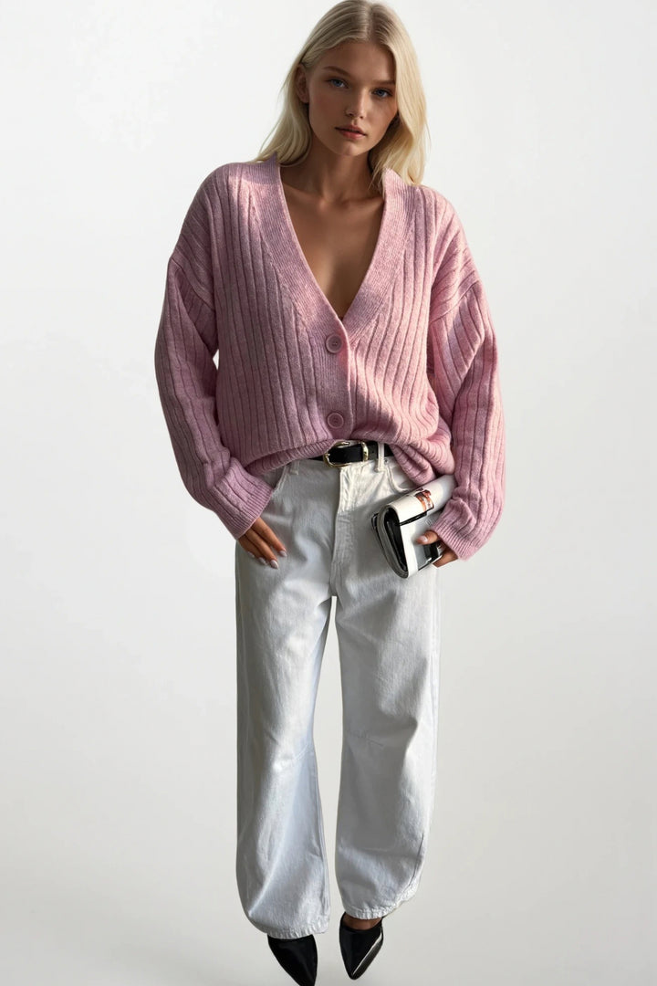 Düğmeli V Yaka Pembe Triko Hırka