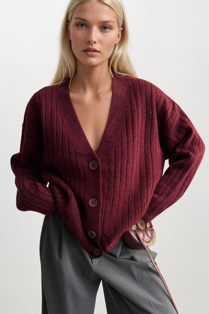 Düğmeli V Yaka Bordo Triko Hırka
