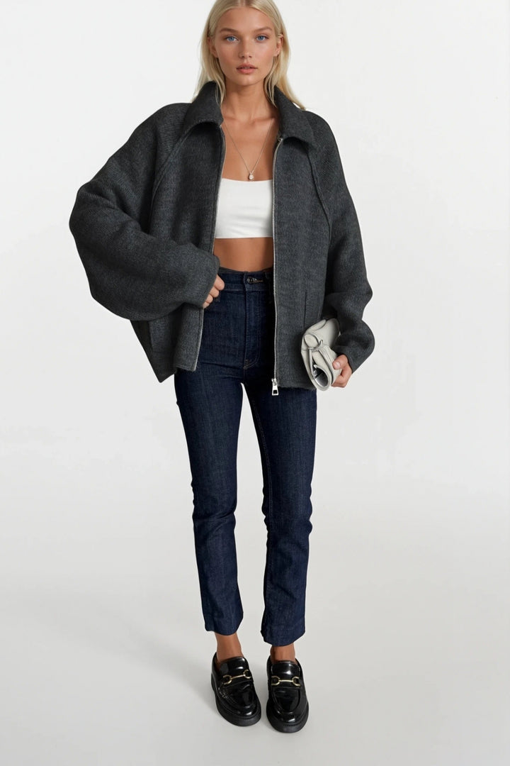 Balıkçı Yaka Fermuar Detay Antrasit Kazak