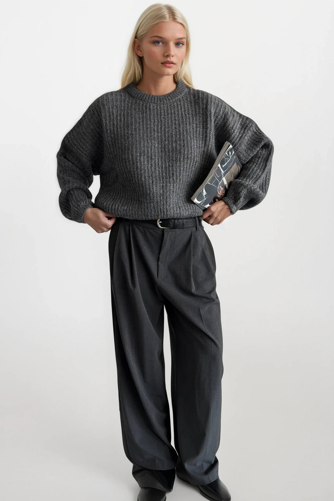 Örgü Detay Gri Basic Triko Kazak