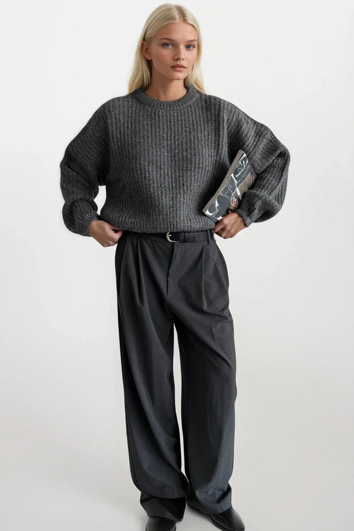 Örgü Detay Gri Basic Triko Kazak