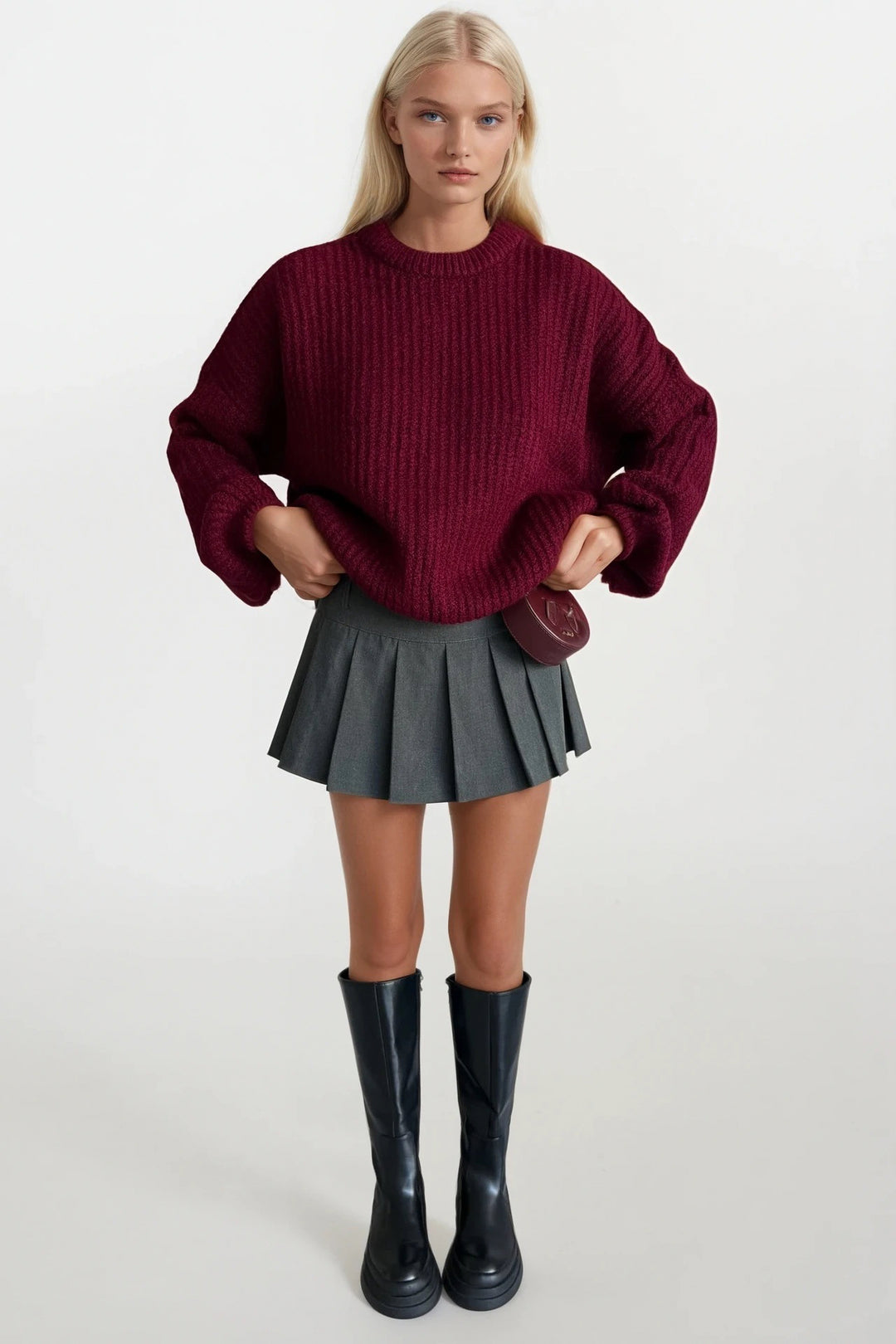 Örgü Detay Bordo Basic Triko Kazak