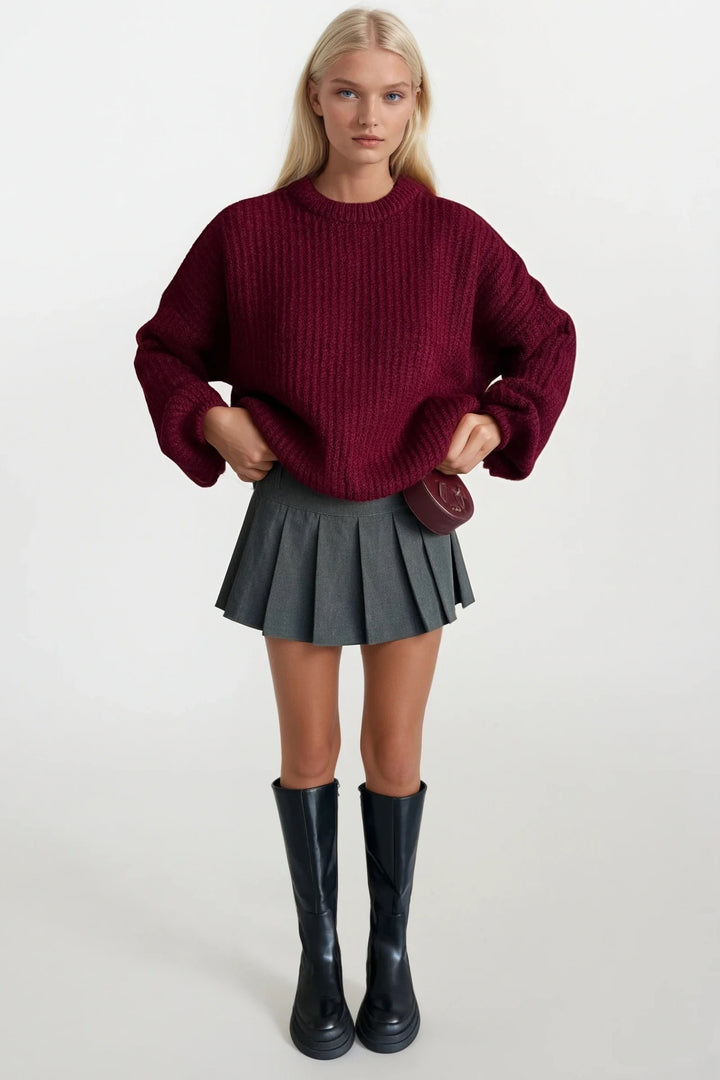 Örgü Detay Bordo Basic Triko Kazak