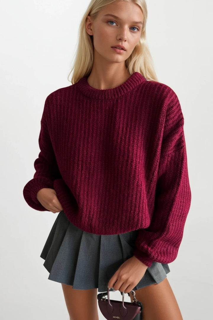 Örgü Detay Bordo Basic Triko Kazak