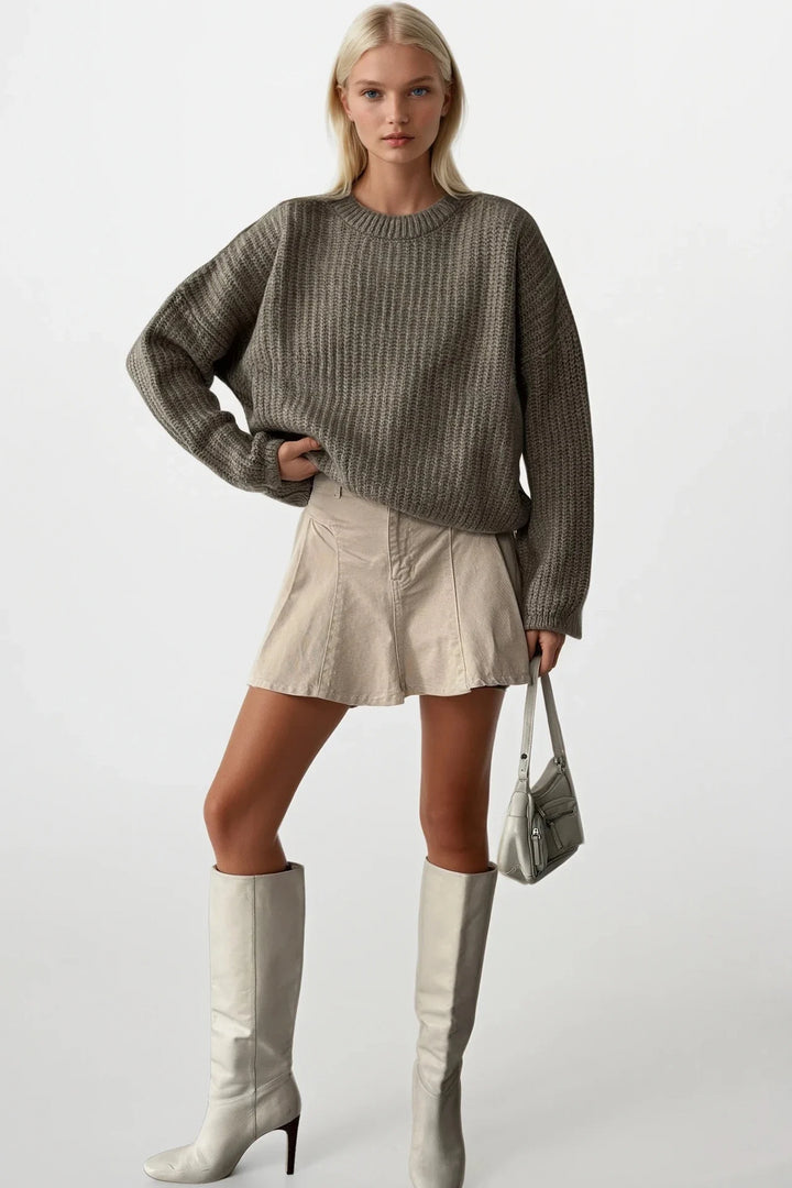 Örgü Detay Bej Basic Triko Kazak