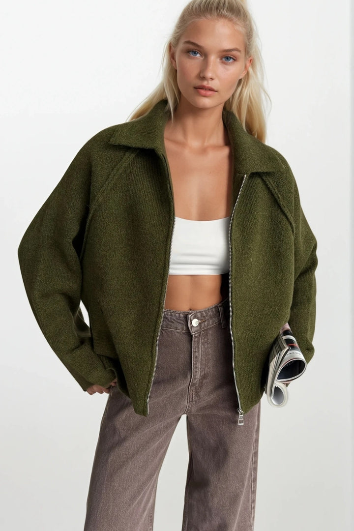 Balıkçı Yaka Fermuar Detay Haki Kazak