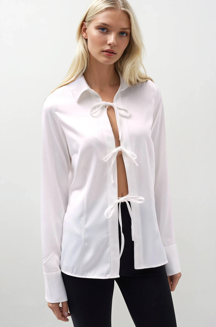 Bağlama Detay Saten Beyaz Gömlek