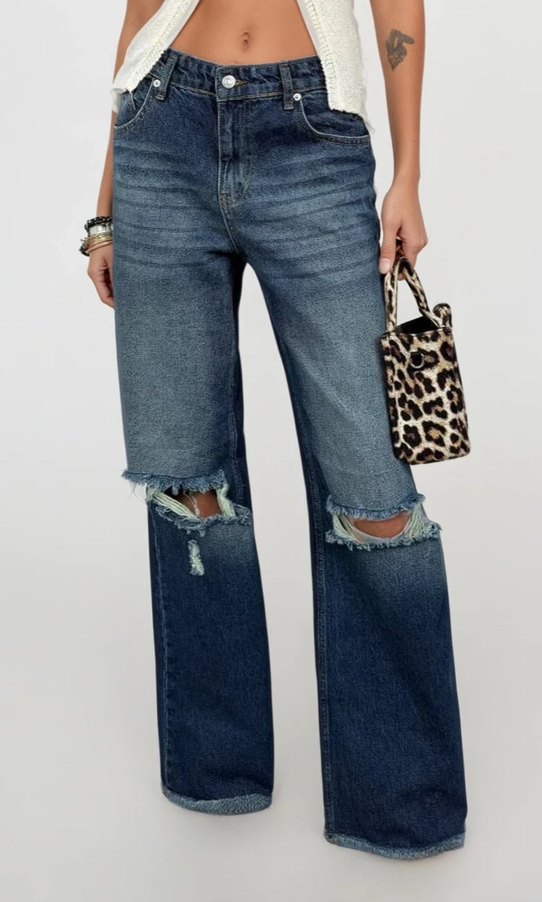 Geniş Paça Lazer Detay Mavi Jean