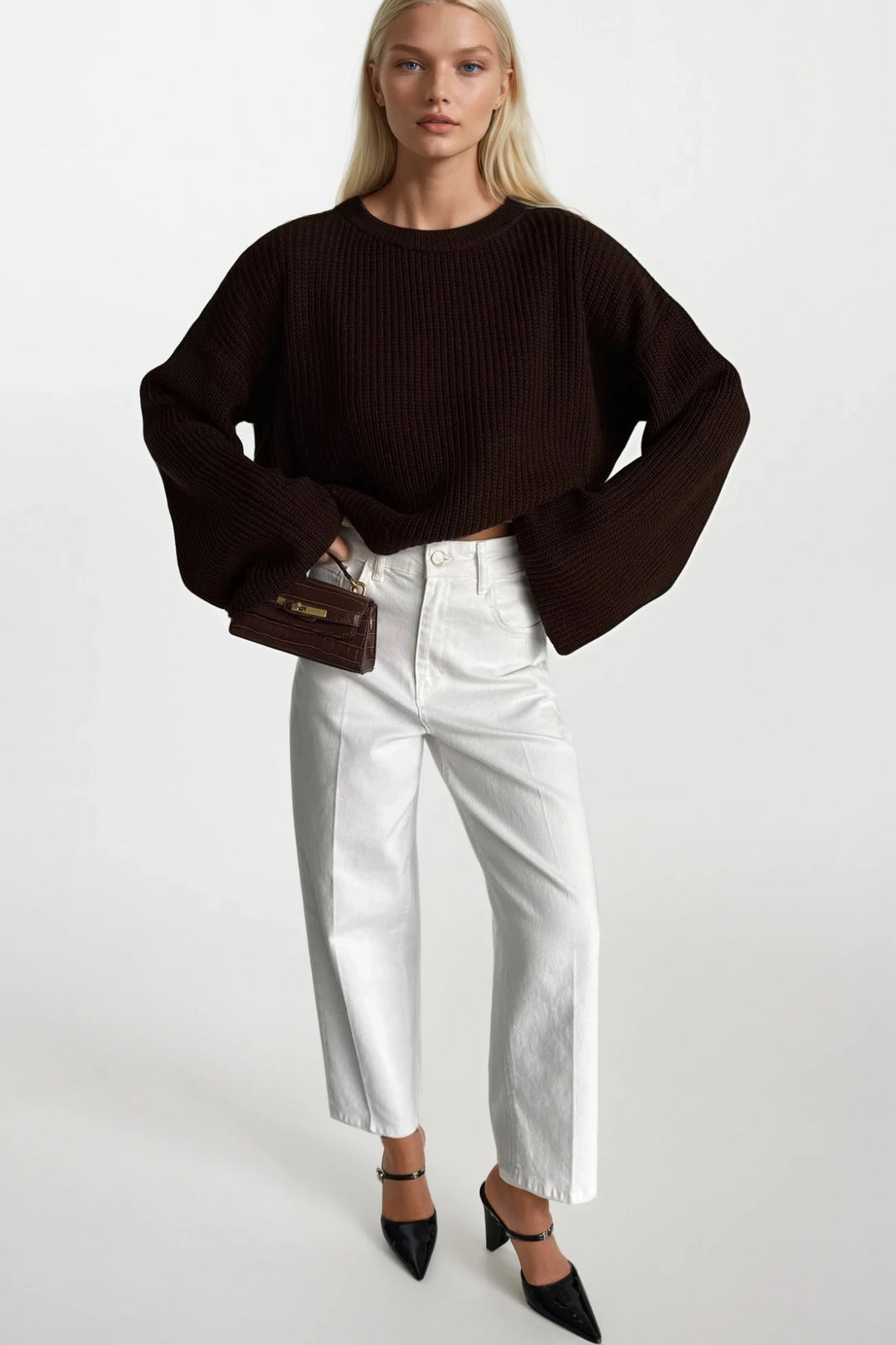 Bisiklet Yaka Örgü Detay Kahverengi Crop Triko Kazak