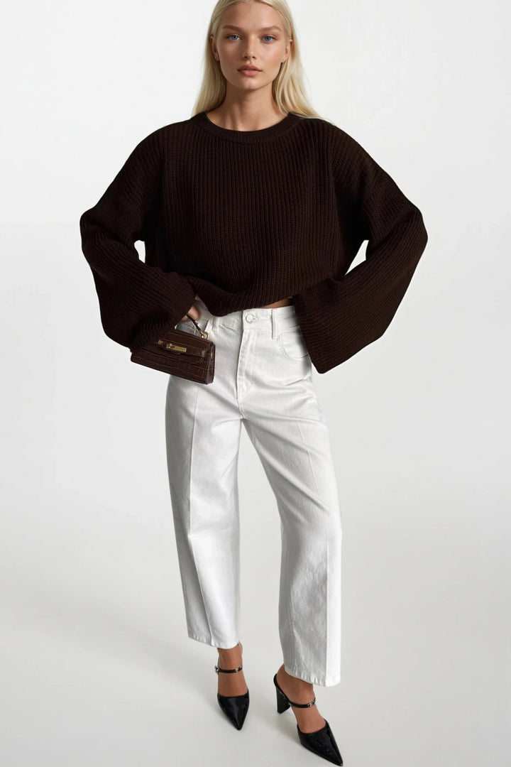 Bisiklet Yaka Örgü Detay Kahverengi Crop Triko Kazak