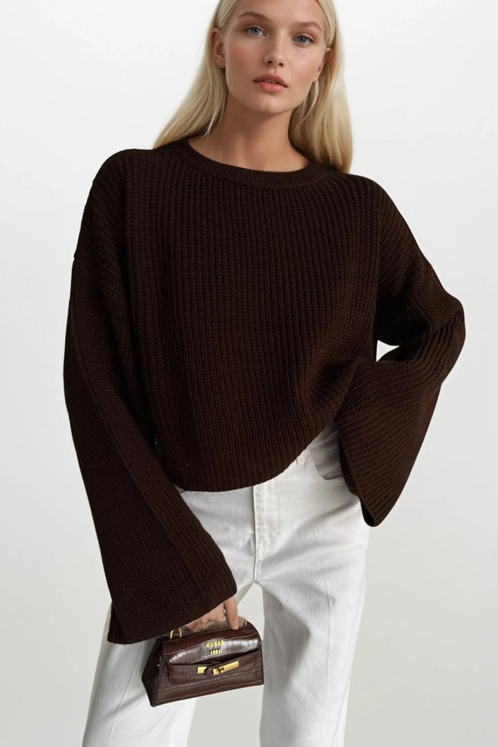 Bisiklet Yaka Örgü Detay Kahverengi Crop Triko Kazak