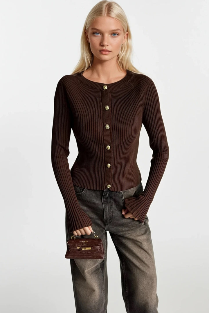 Volan Kol Gold Düğmeli Bisiklet Yaka Kahverengi Bluz