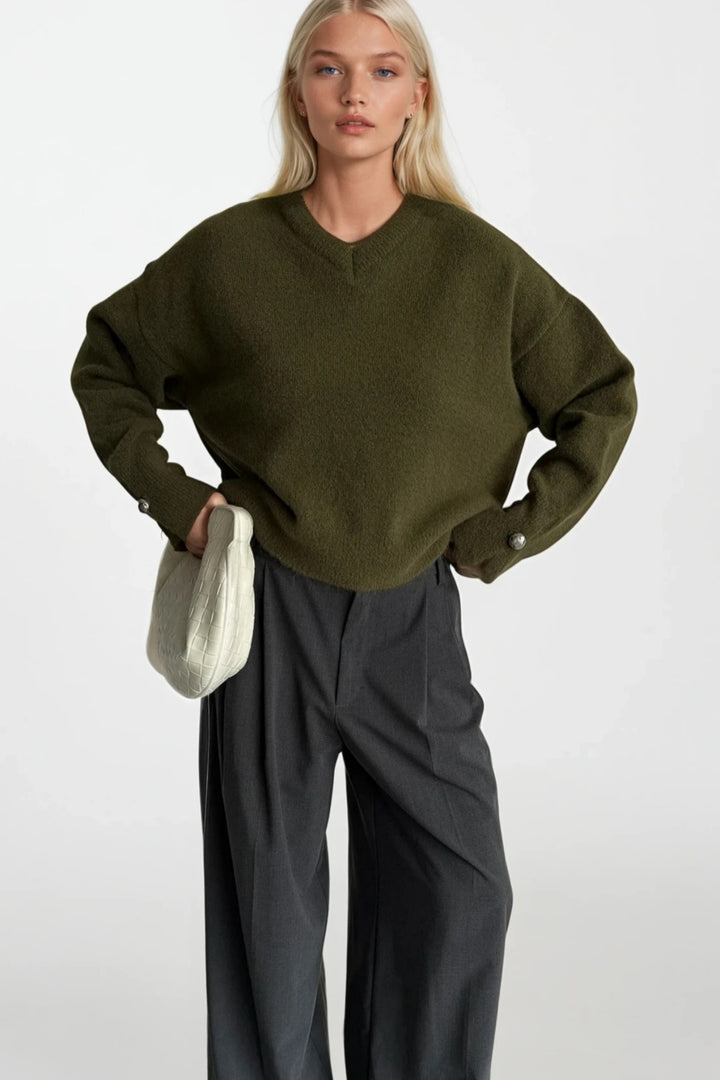 V Yaka Manşet Aksesuar Detay Haki Triko Kazak