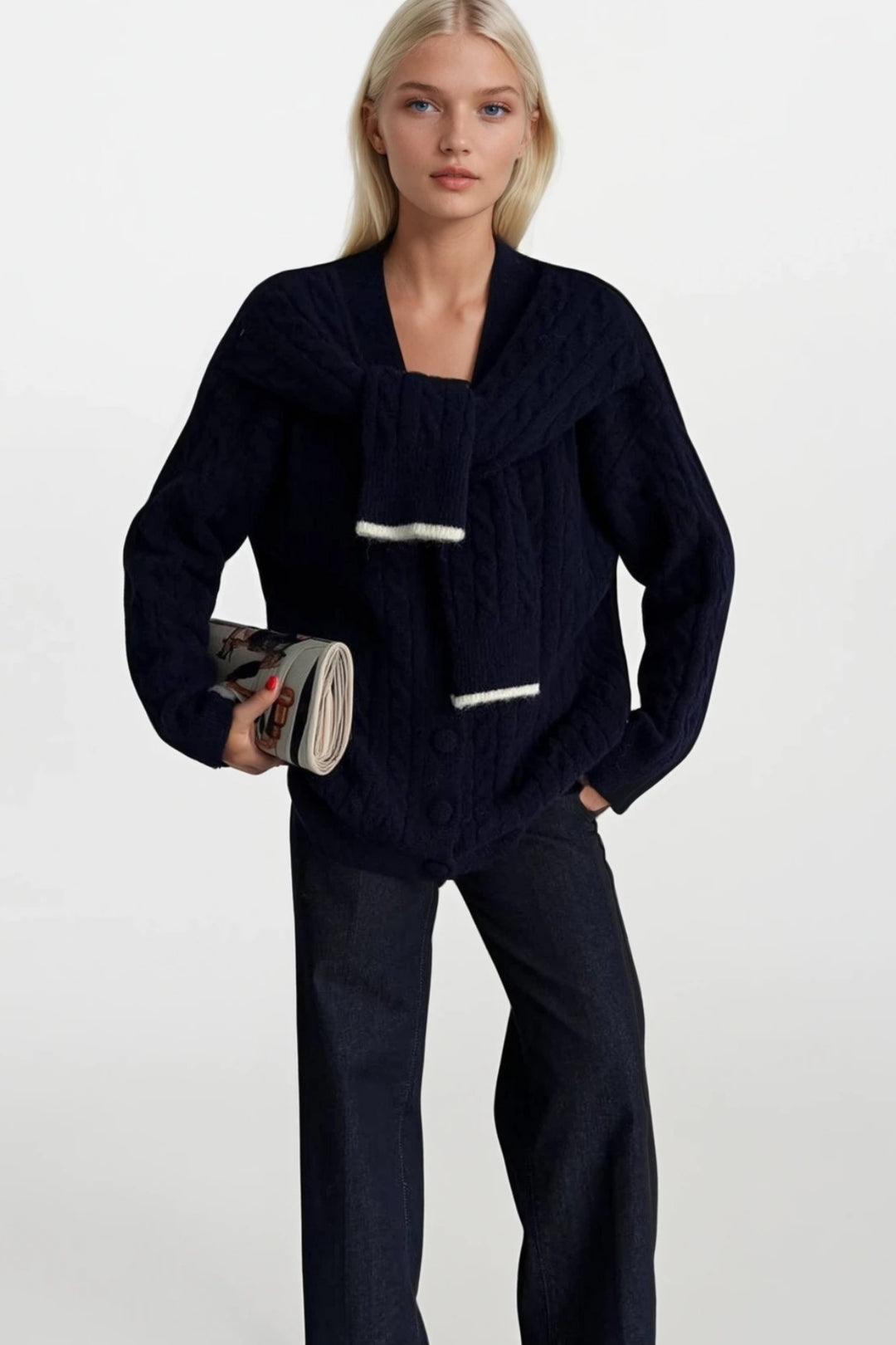 Aksesuar Detay Örgülü Lacivert Triko Hırka