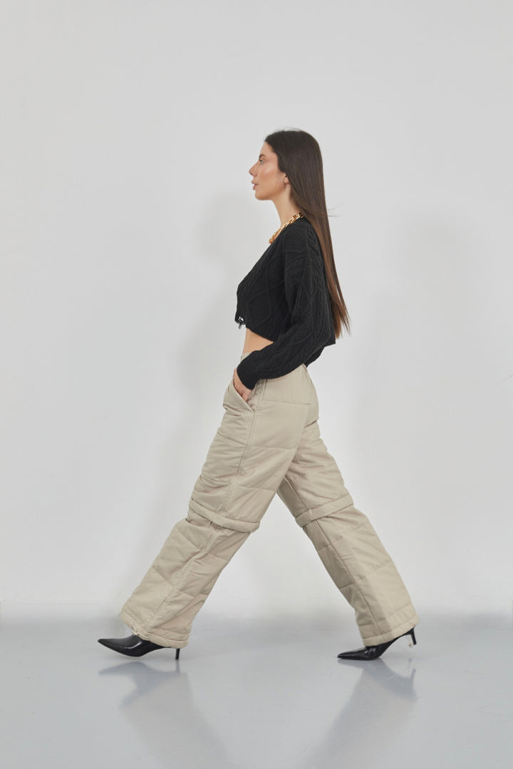 Zipper Detail Beige Quilted Trousers 