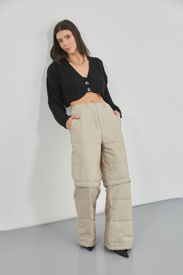 Zipper Detail Beige Quilted Trousers 