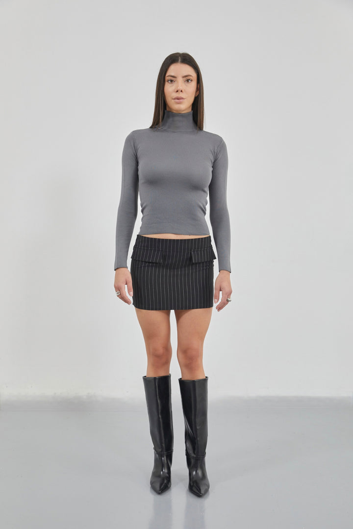 Cepli Çizgili Mini Siyah Etek