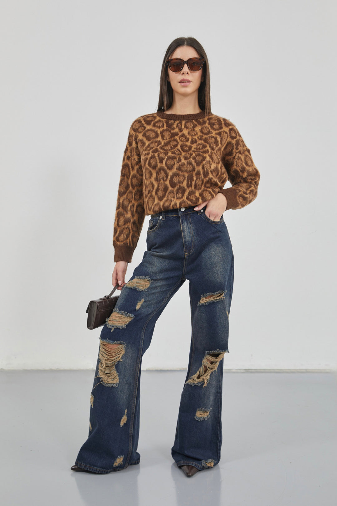 Leopard Patterned Brown Bearded Knitwear Sweater 