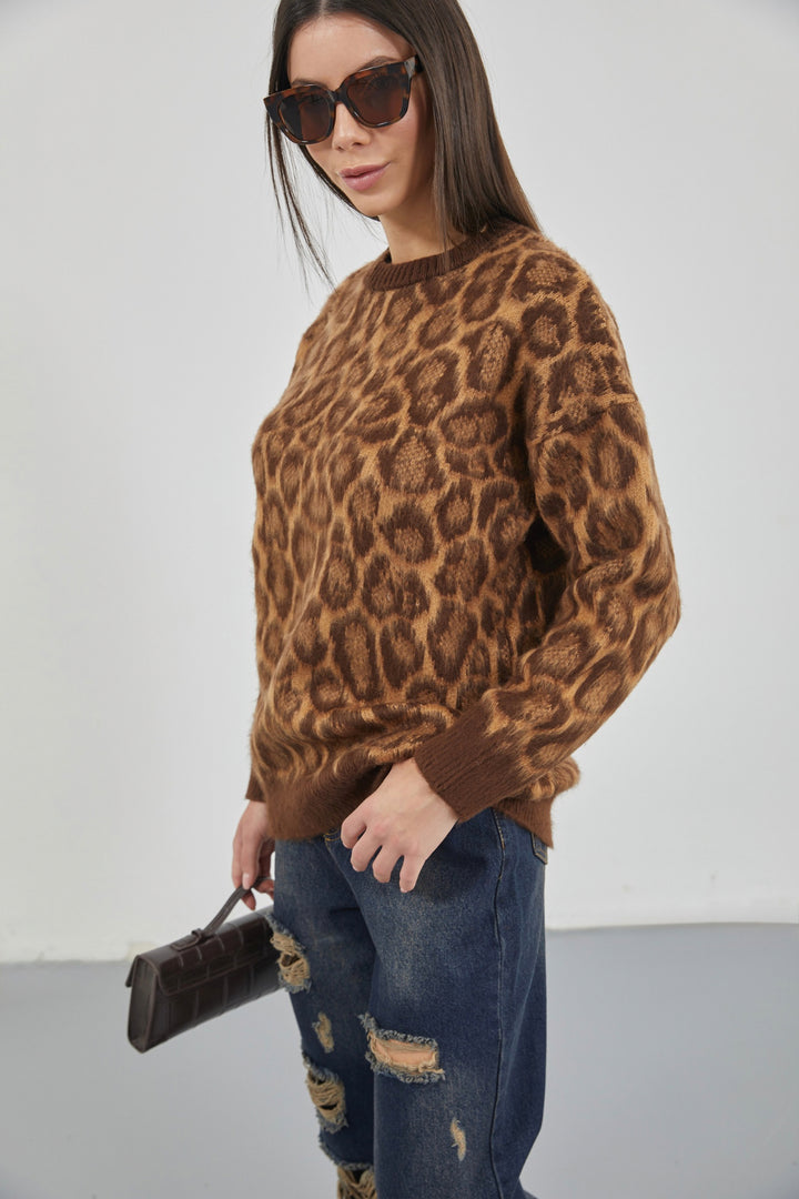 Leopard Patterned Brown Bearded Knitwear Sweater 