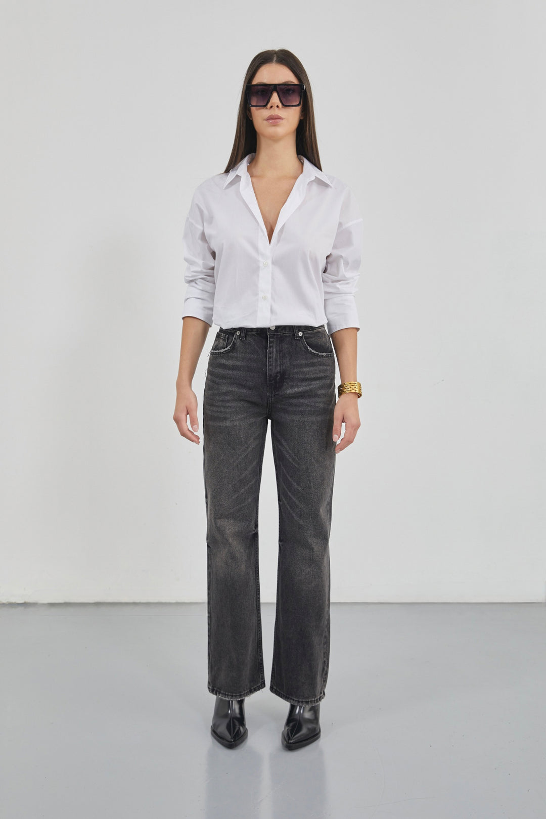 Stitch Detail Wide Leg Black Jeans 