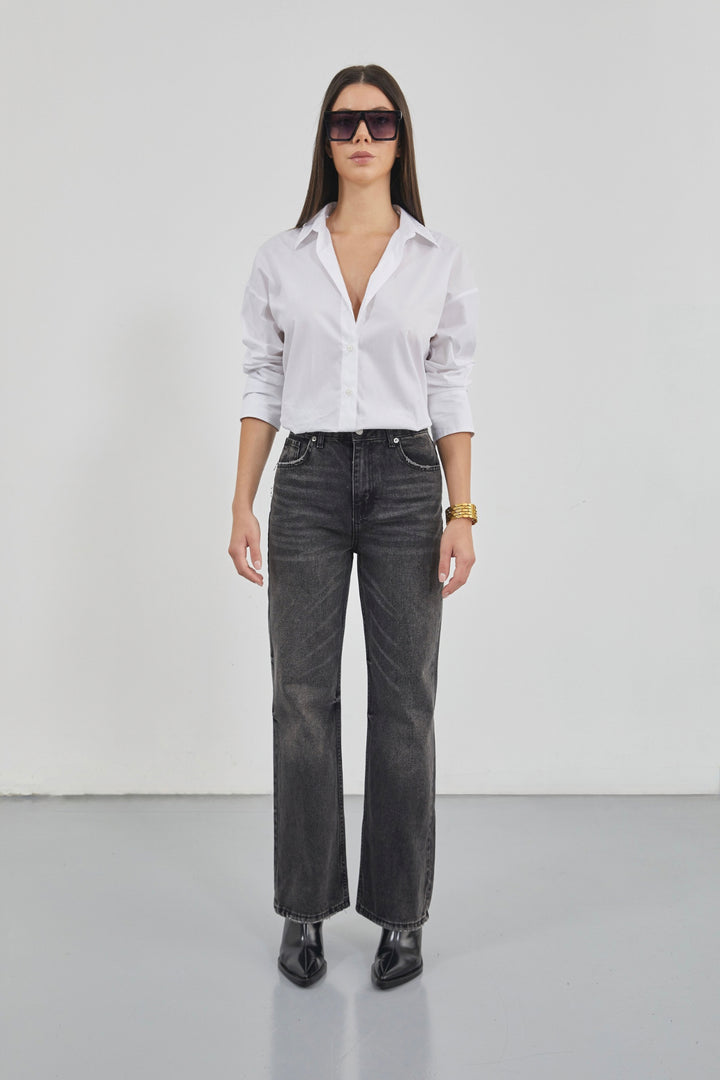 Stitch Detail Wide Leg Black Jeans 