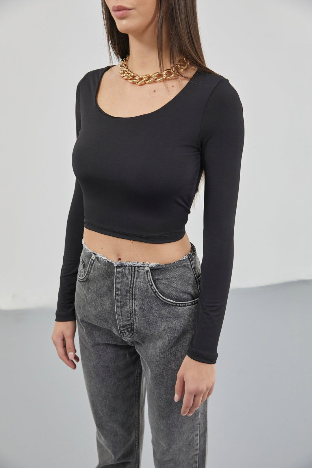 Kare Yaka Siyah Crop Top
