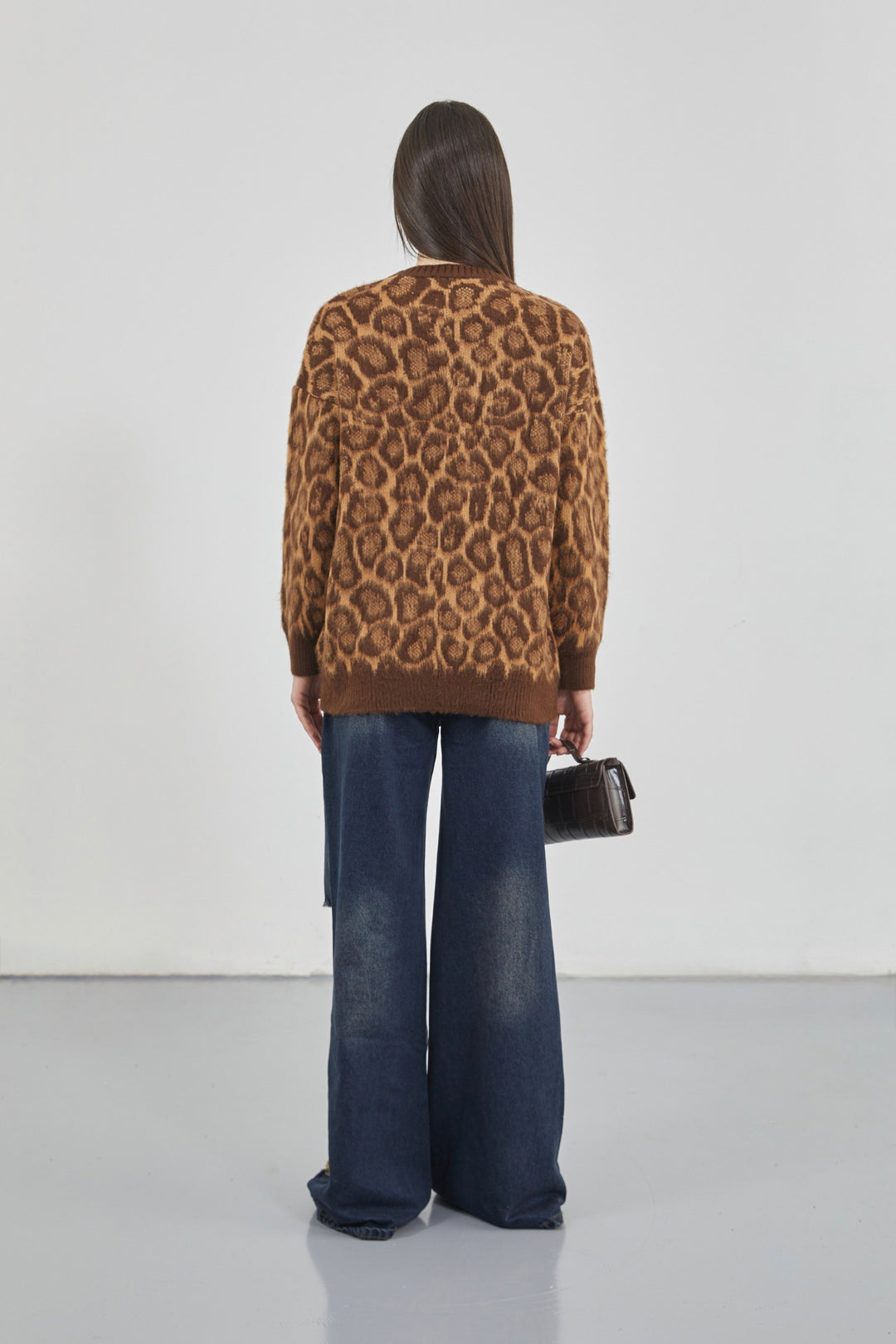 Leopard Patterned Brown Bearded Knitwear Sweater 