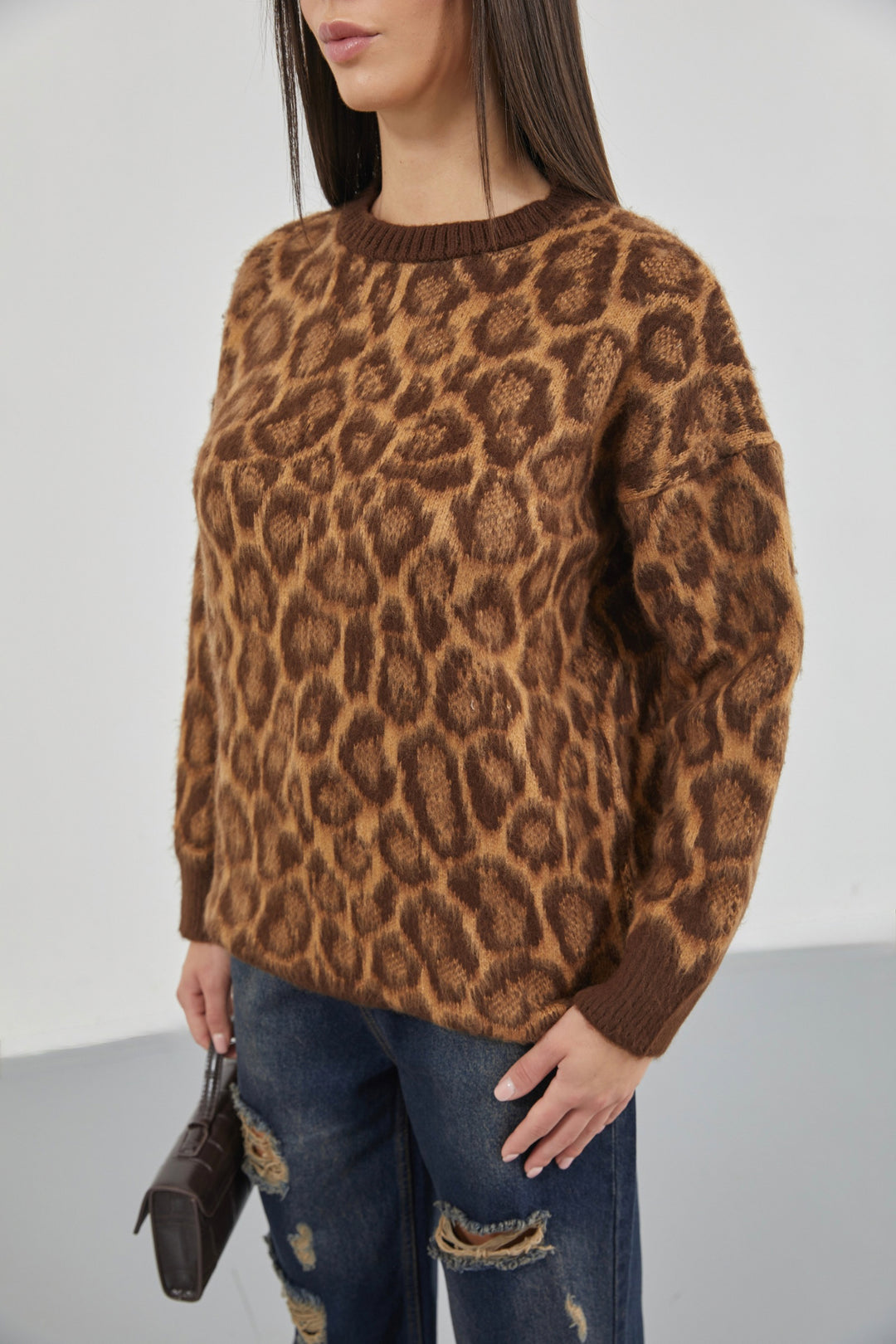 Leopard Patterned Brown Bearded Knitwear Sweater 