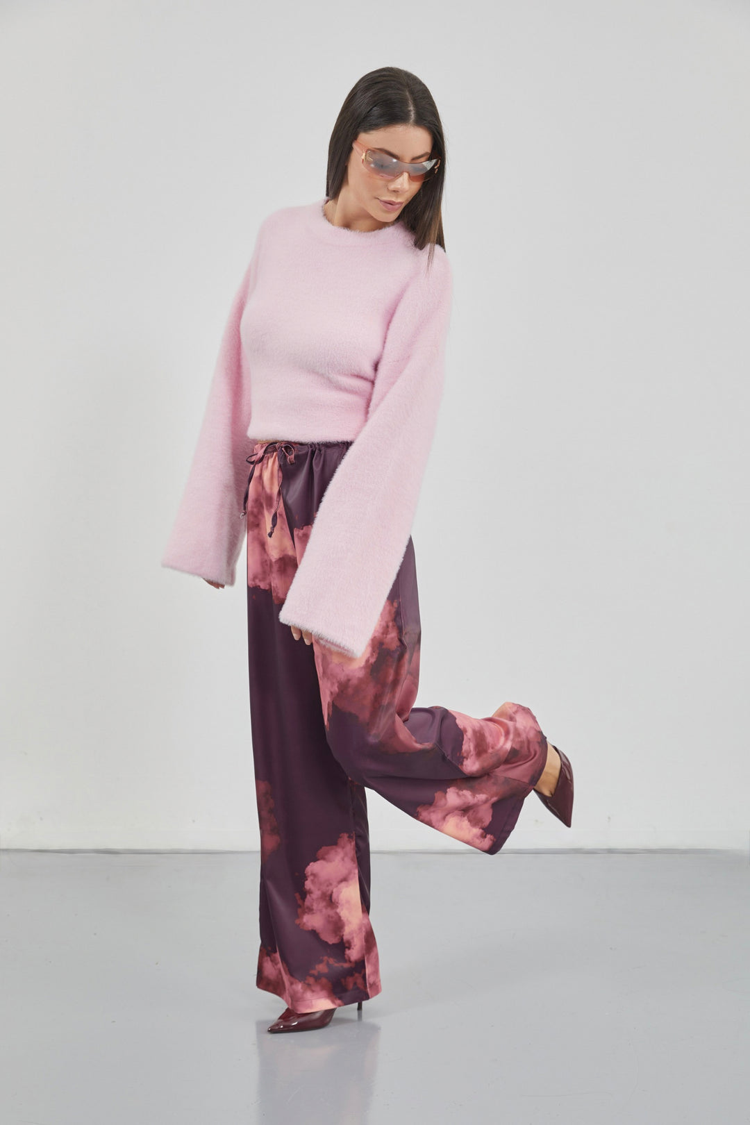 Patterned Satin Burgundy Trousers with Elastic Waistband