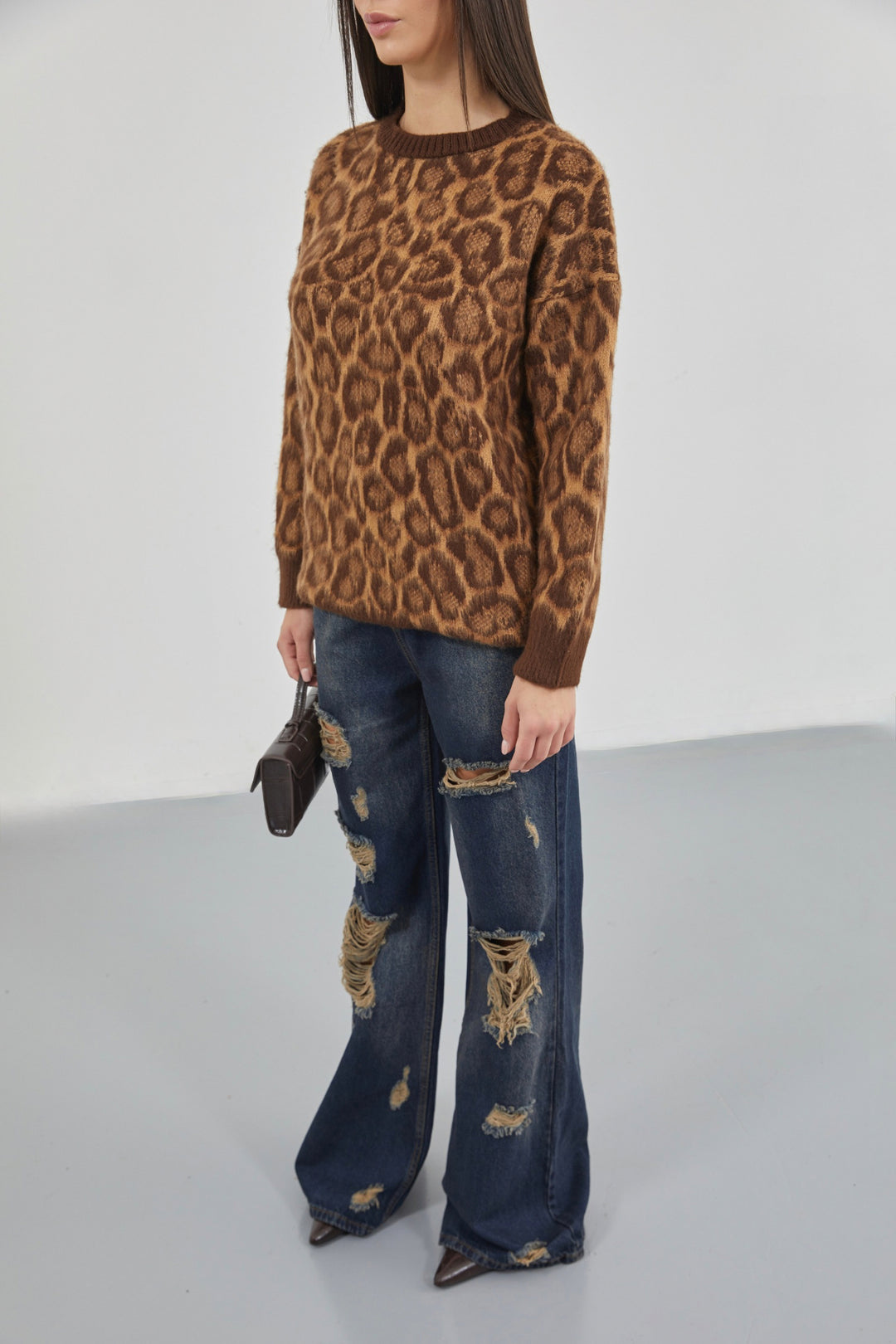 Leopard Patterned Brown Bearded Knitwear Sweater 